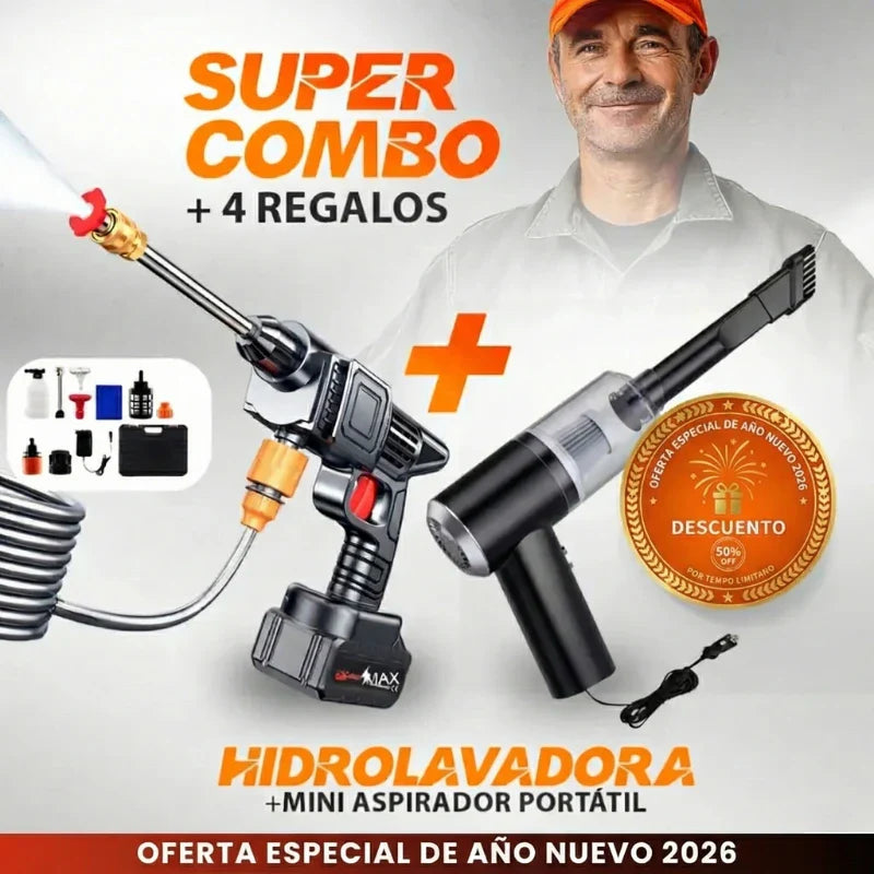 Hidrolavadora Portátil Recargable 2 Baterías + Aspiradora Vacum 3 en 1 TurboJet™